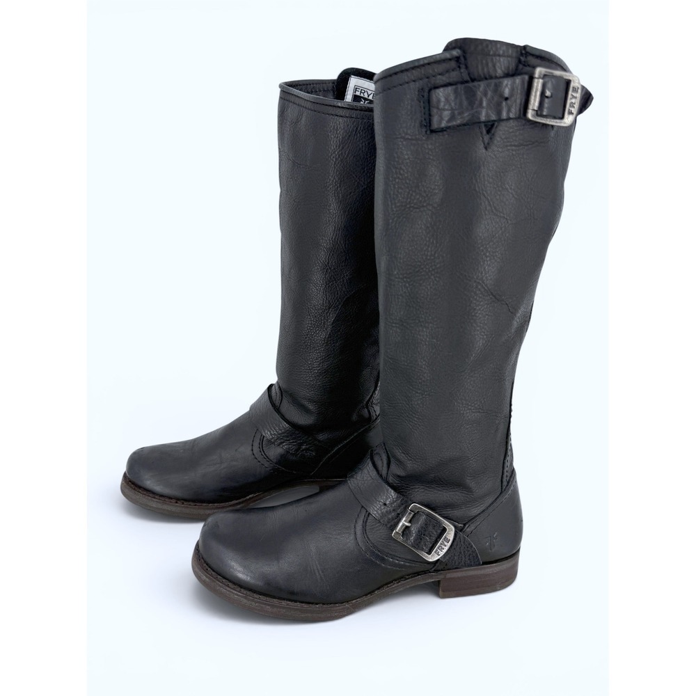 Frye Veronica slouch Tall Engineer Moto Boots Womens 7.5 Black Leather Buckle